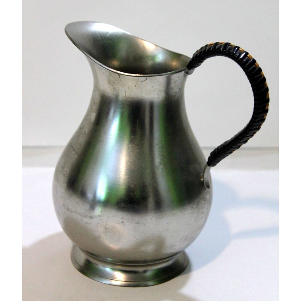 Meeuws Zoon Den Haag Pewter Jug Pitcher Rattan Covered Handle Vintage Dutch Deco
